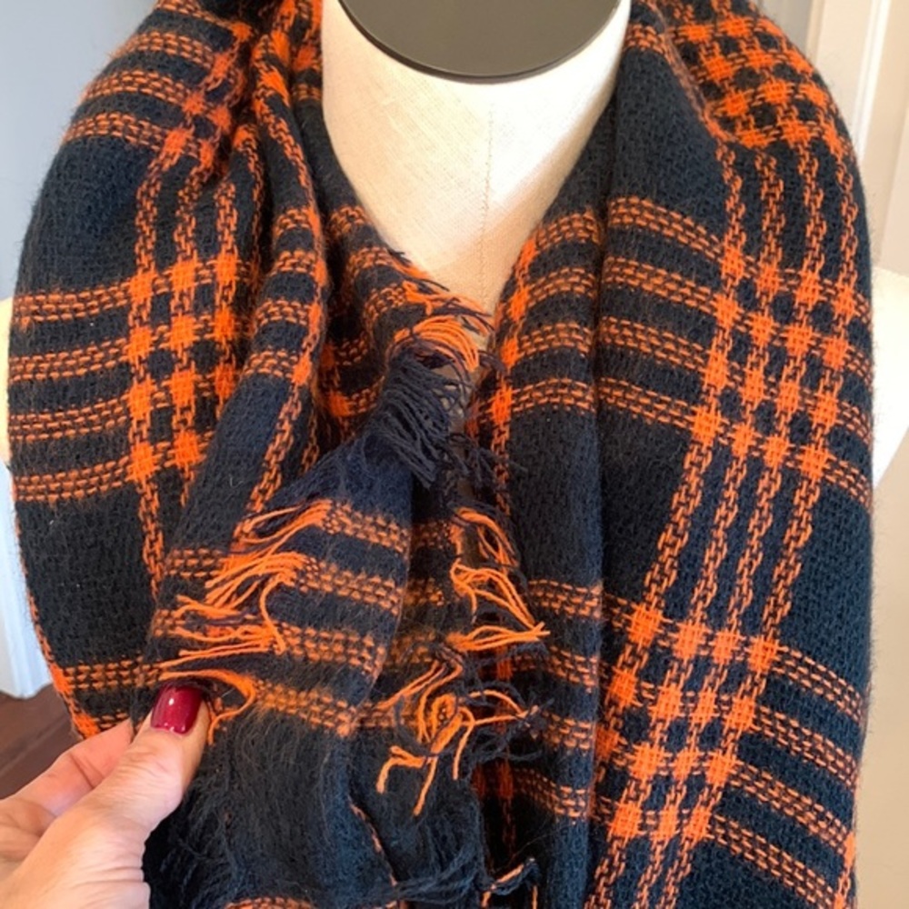 Thick large oversized navy & orange plaid scarf throw shawl wrap